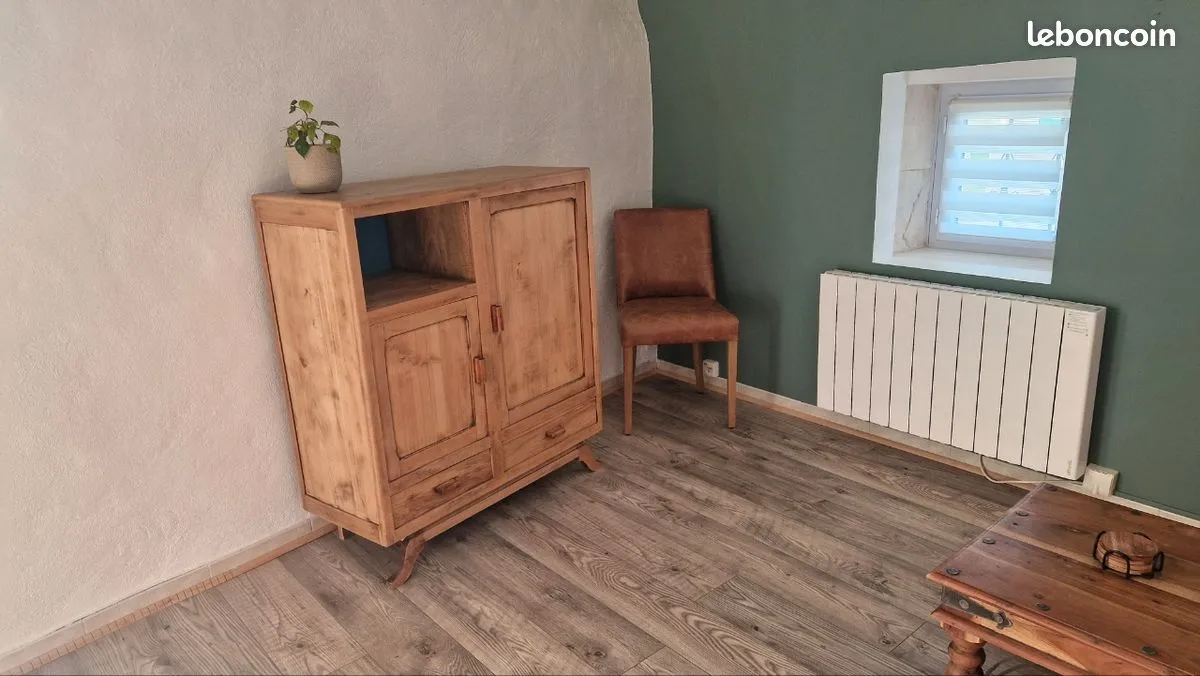 Coin salon avec mobilier en bois et touches verdoyantes