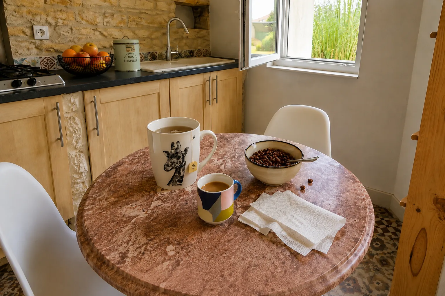 Petit-déjeuner sur la table ronde en pierre