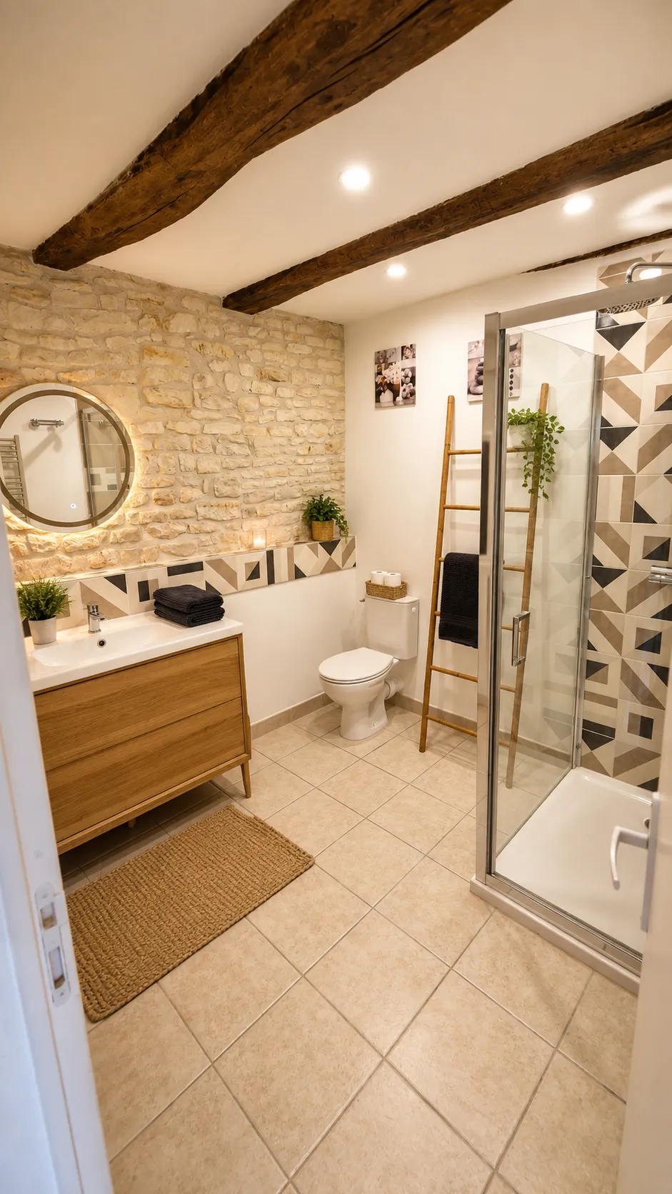 Salle de bain avec douche à l'italienne et mur en pierre