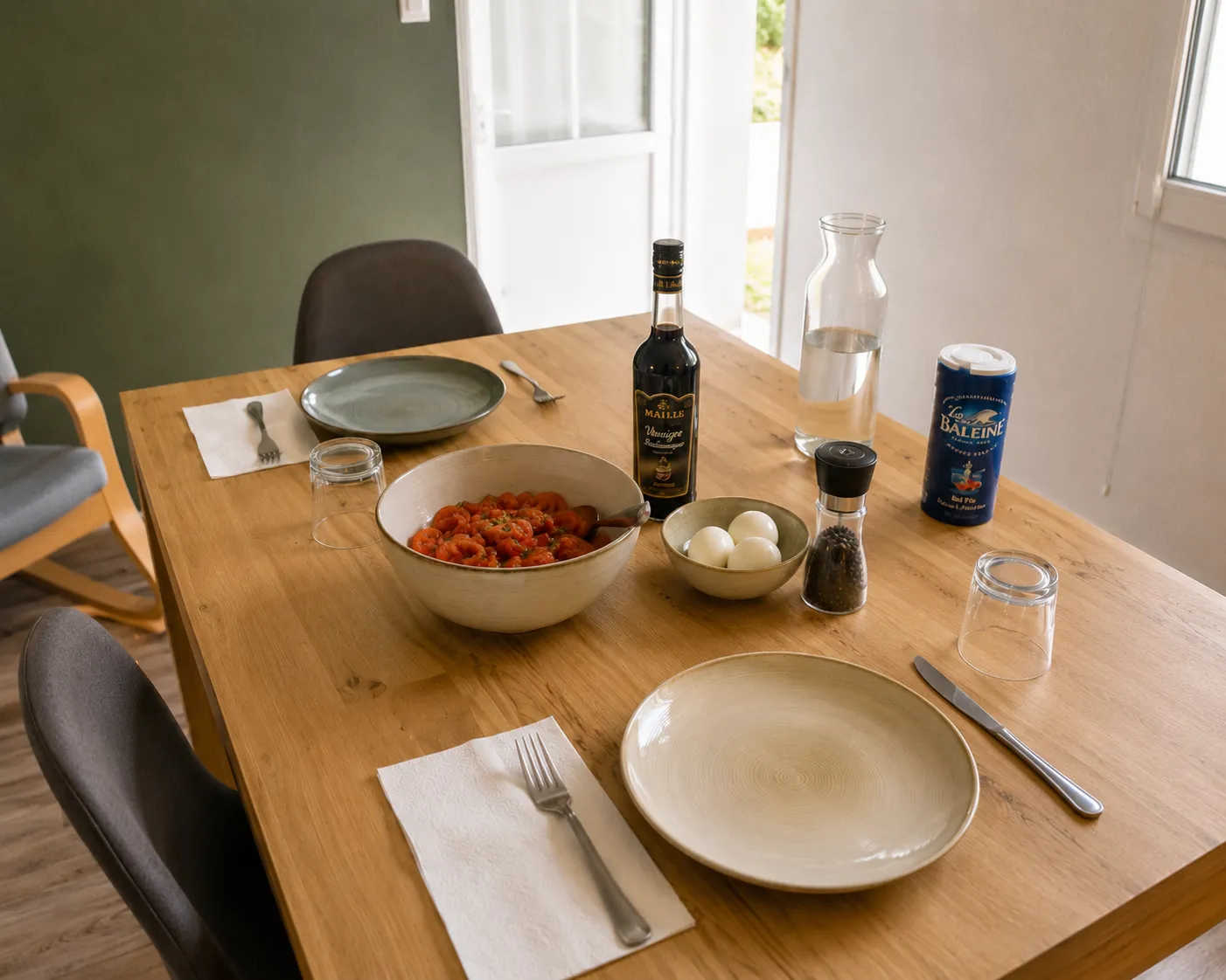 Table dressée pour le dîner, mur vert mousse