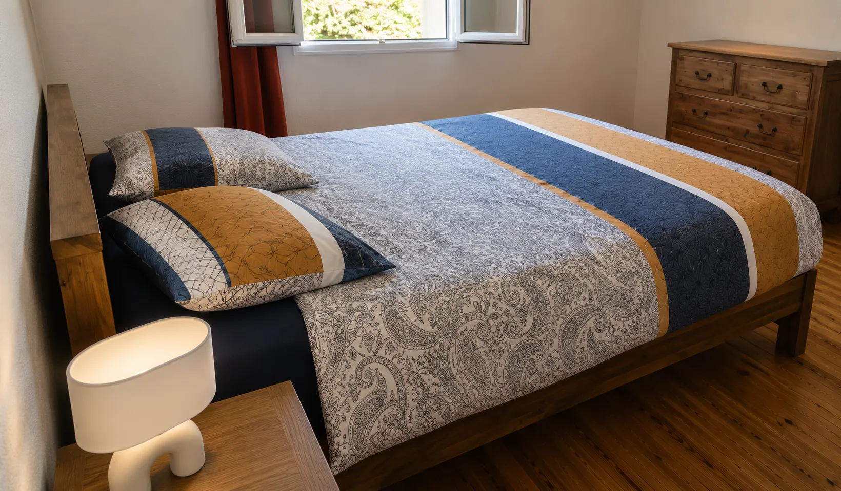Chambre avec lit double et commode en bois