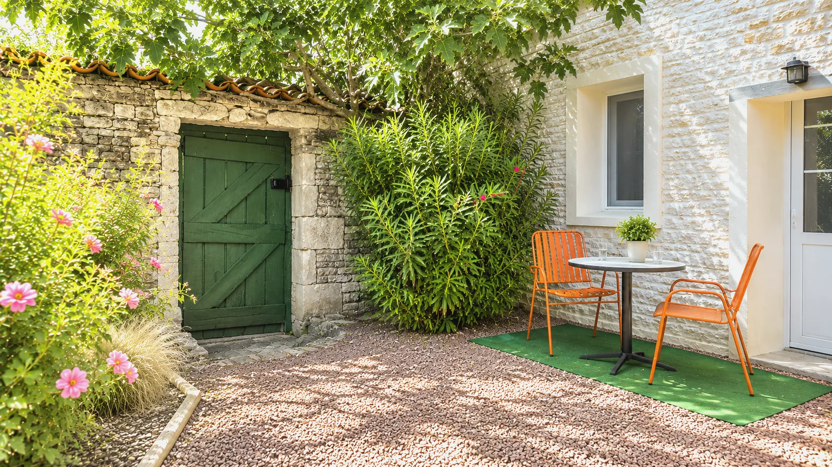 Façade en pierre, porte verte et terrasse fleurie